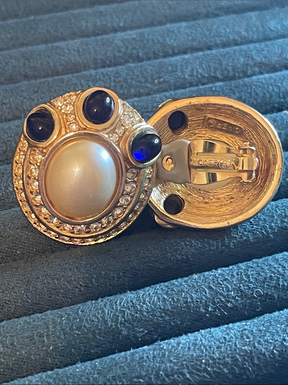 Ciner Mogul-Style Faux Pearl & Sapphire Blue Glass Cabochon Clip-On Earrings